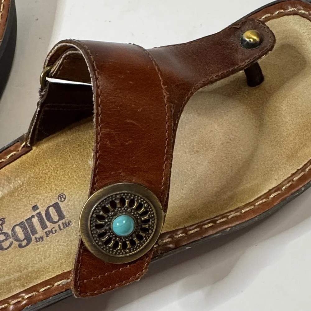 Alegria Carina Brown Leather Thong Sandals with Turquoise Detail